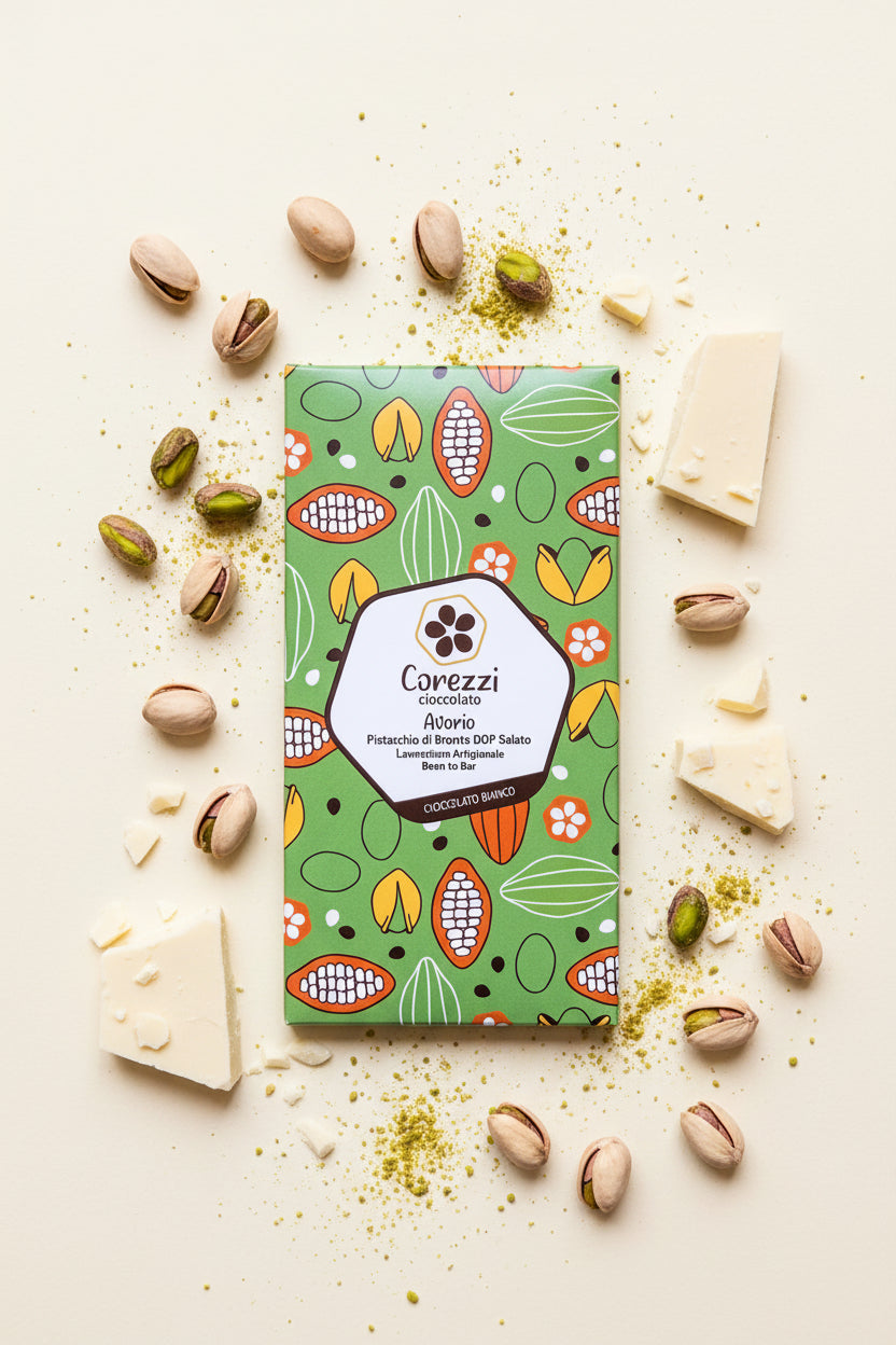 Cioccolato Bianco 36% con Pistacchio di Bronte Salato - Barretta 80g - Corezzi Cioccolato